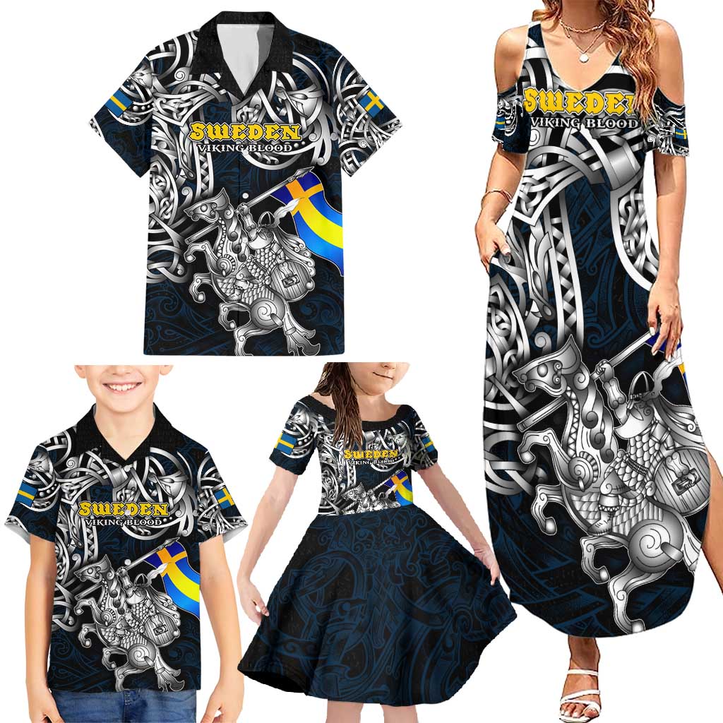 Personalized Sweden Viking Blood Family Matching Summer Maxi Dress and Hawaiian Shirt Nordic Runes and Shield of Ancestry in Tribal Knotwork