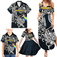 Personalized Sweden Viking Blood Family Matching Summer Maxi Dress and Hawaiian Shirt Nordic Runes and Shield of Ancestry in Tribal Knotwork