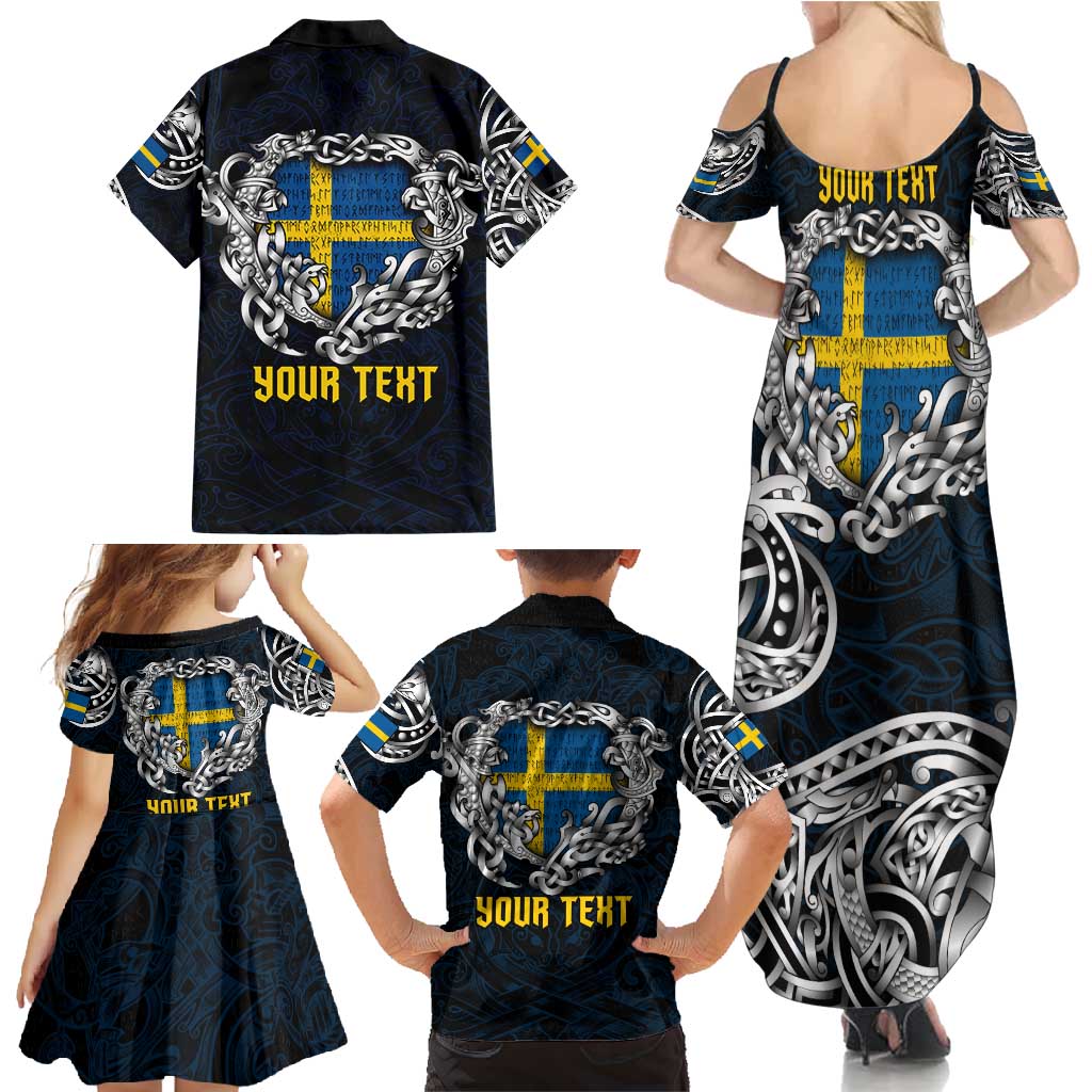 Personalized Sweden Viking Blood Family Matching Summer Maxi Dress and Hawaiian Shirt Nordic Runes and Shield of Ancestry in Tribal Knotwork