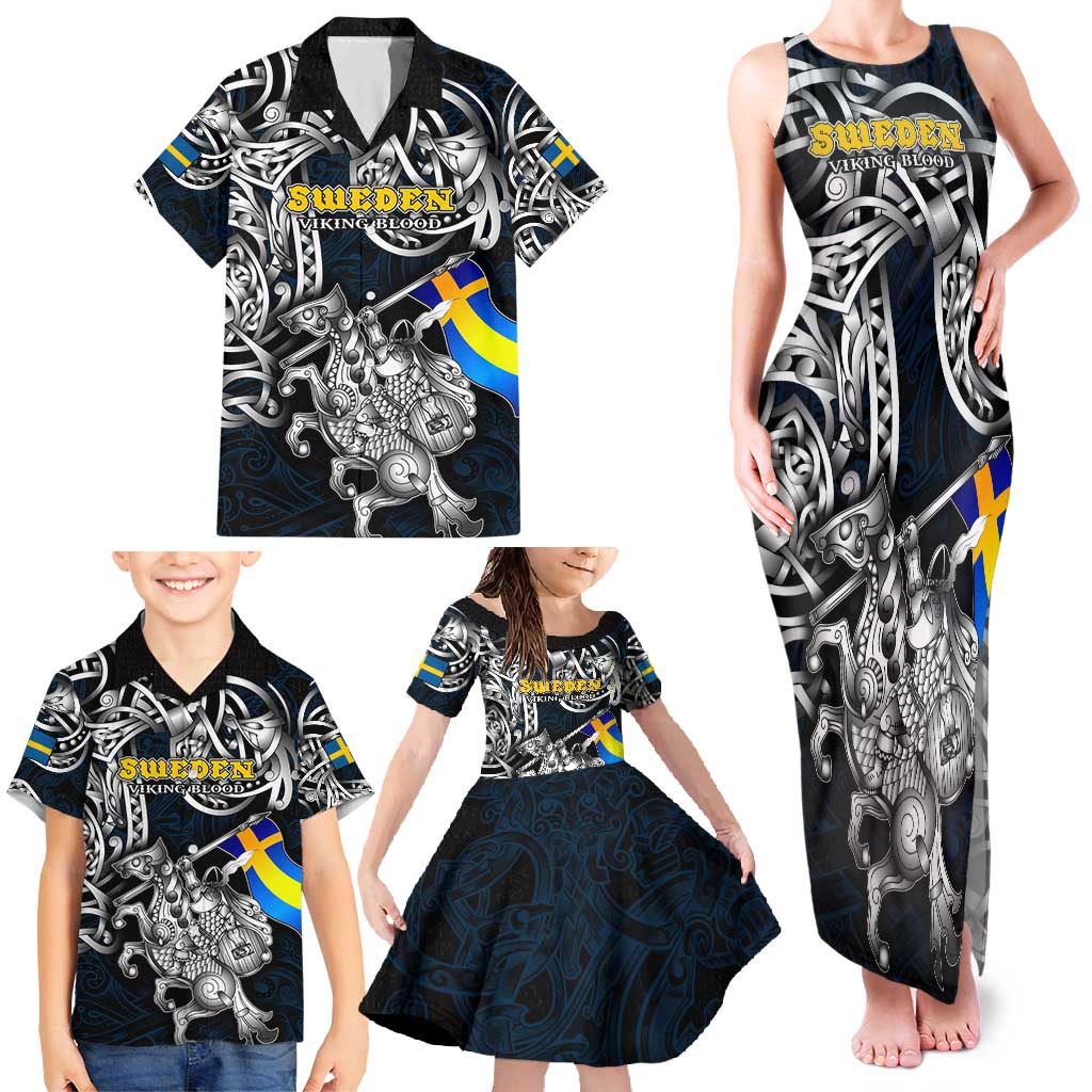 Personalized Sweden Viking Blood Family Matching Tank Maxi Dress and Hawaiian Shirt Nordic Runes and Shield of Ancestry in Tribal Knotwork