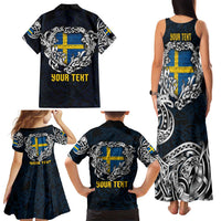 Personalized Sweden Viking Blood Family Matching Tank Maxi Dress and Hawaiian Shirt Nordic Runes and Shield of Ancestry in Tribal Knotwork