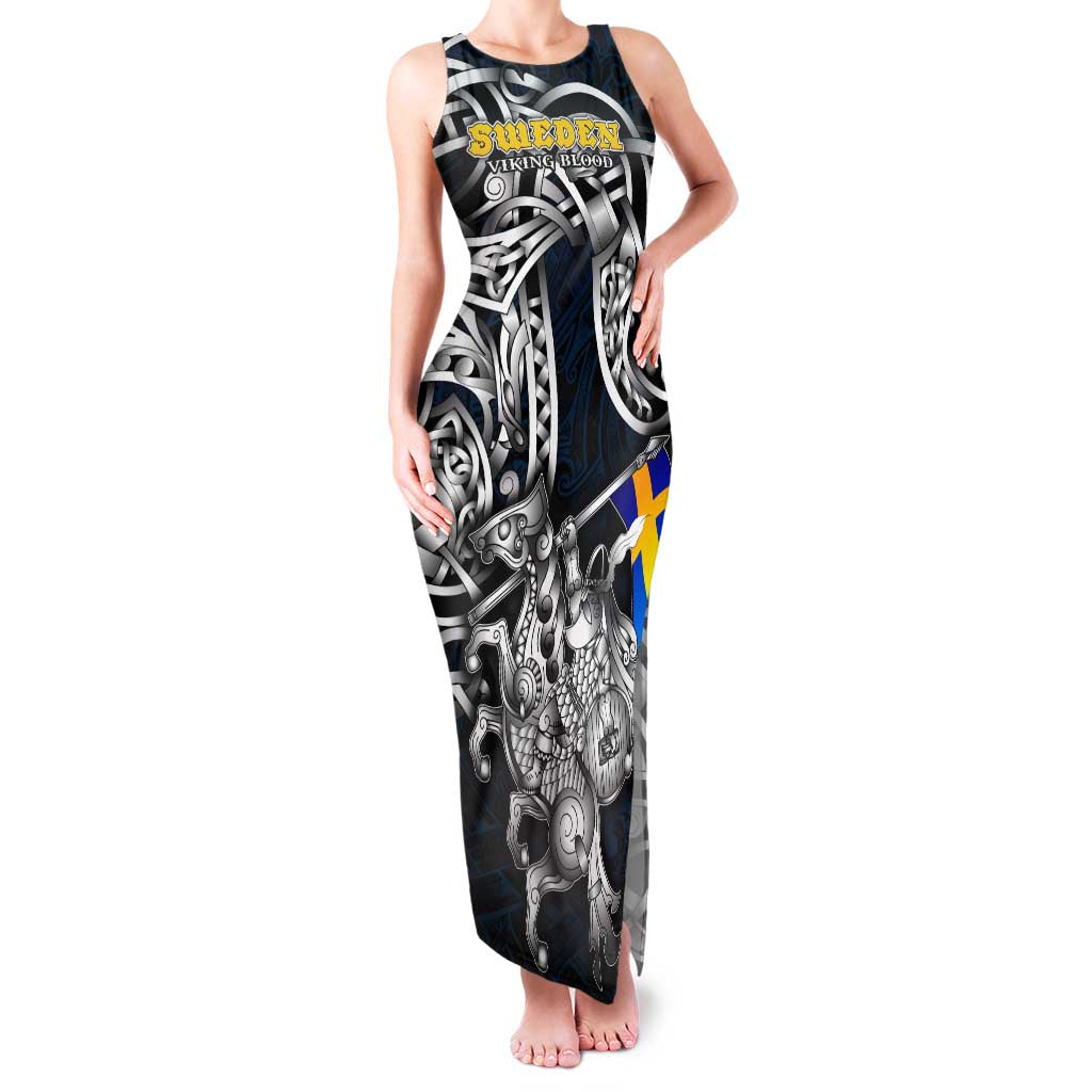 Personalized Sweden Viking Blood Family Matching Tank Maxi Dress and Hawaiian Shirt Nordic Runes and Shield of Ancestry in Tribal Knotwork