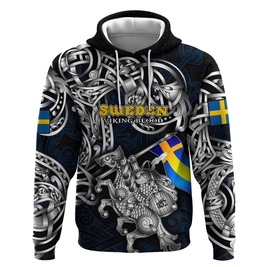 Personalized Sweden Viking Blood Hoodie Nordic Runes and Shield of Ancestry in Tribal Knotwork