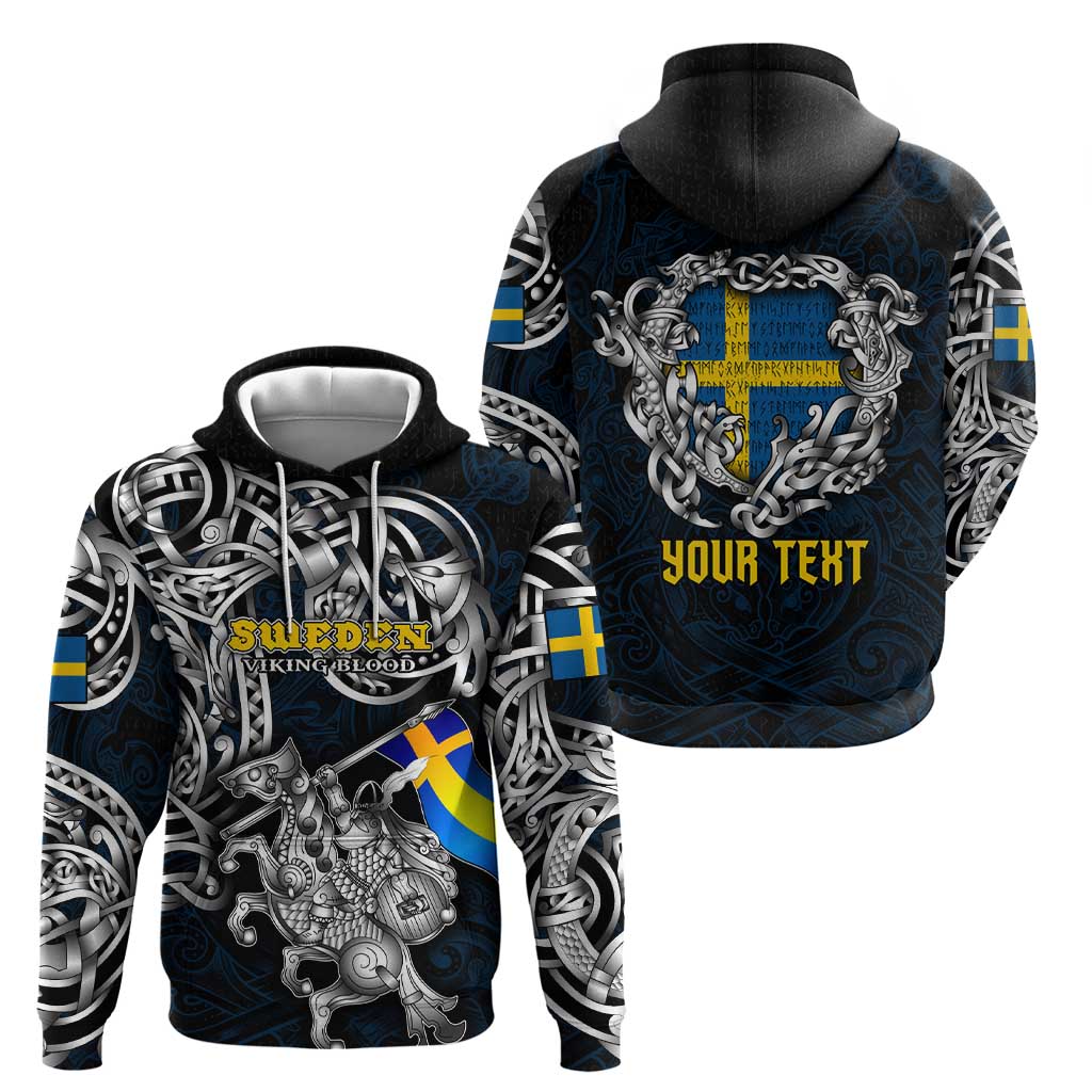 Personalized Sweden Viking Blood Hoodie Nordic Runes and Shield of Ancestry in Tribal Knotwork