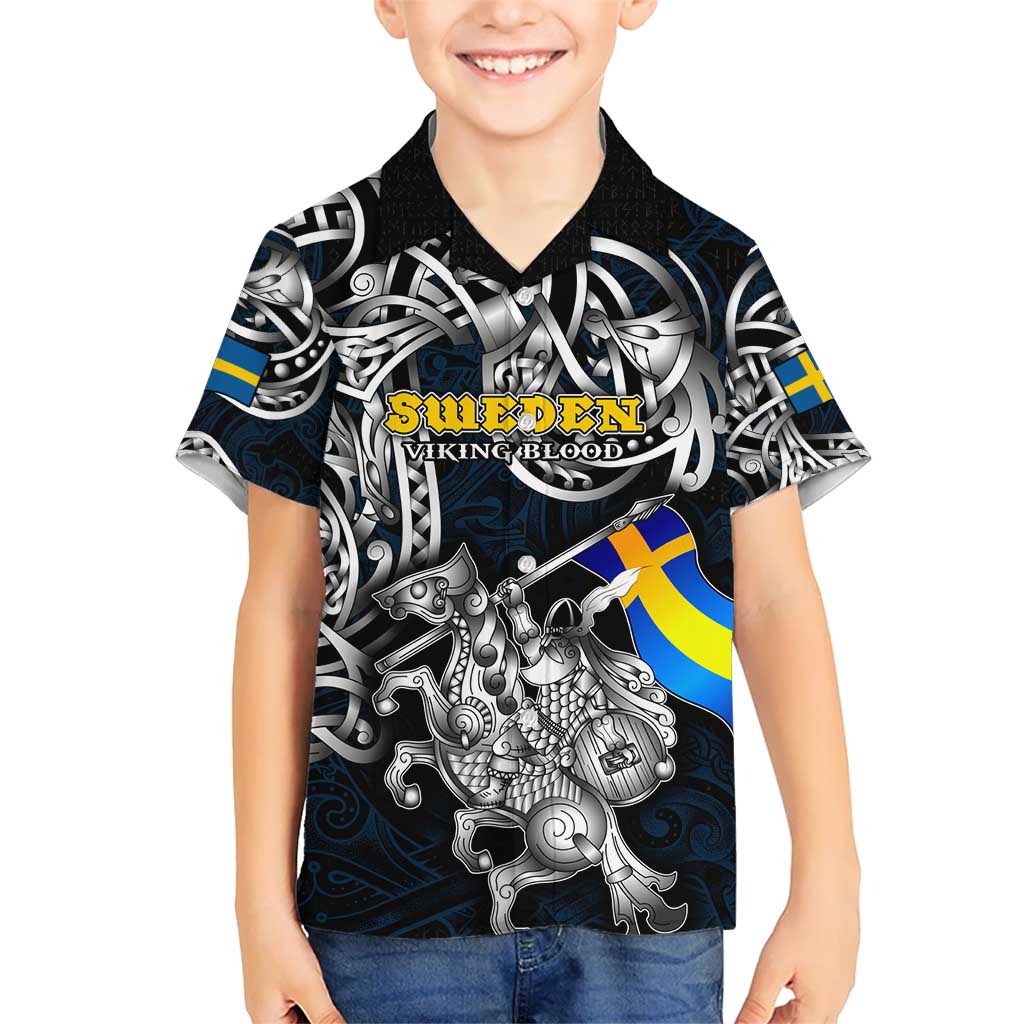 Personalized Sweden Viking Blood Kid Hawaiian Shirt Nordic Runes and Shield of Ancestry in Tribal Knotwork