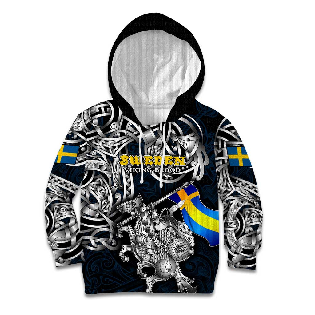 Personalized Sweden Viking Blood Kid Hoodie Nordic Runes and Shield of Ancestry in Tribal Knotwork