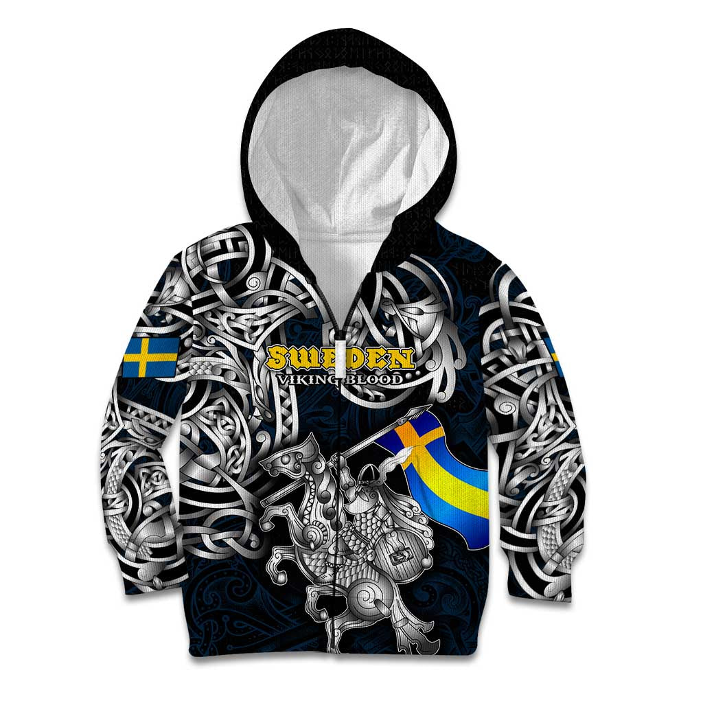 Personalized Sweden Viking Blood Kid Hoodie Nordic Runes and Shield of Ancestry in Tribal Knotwork