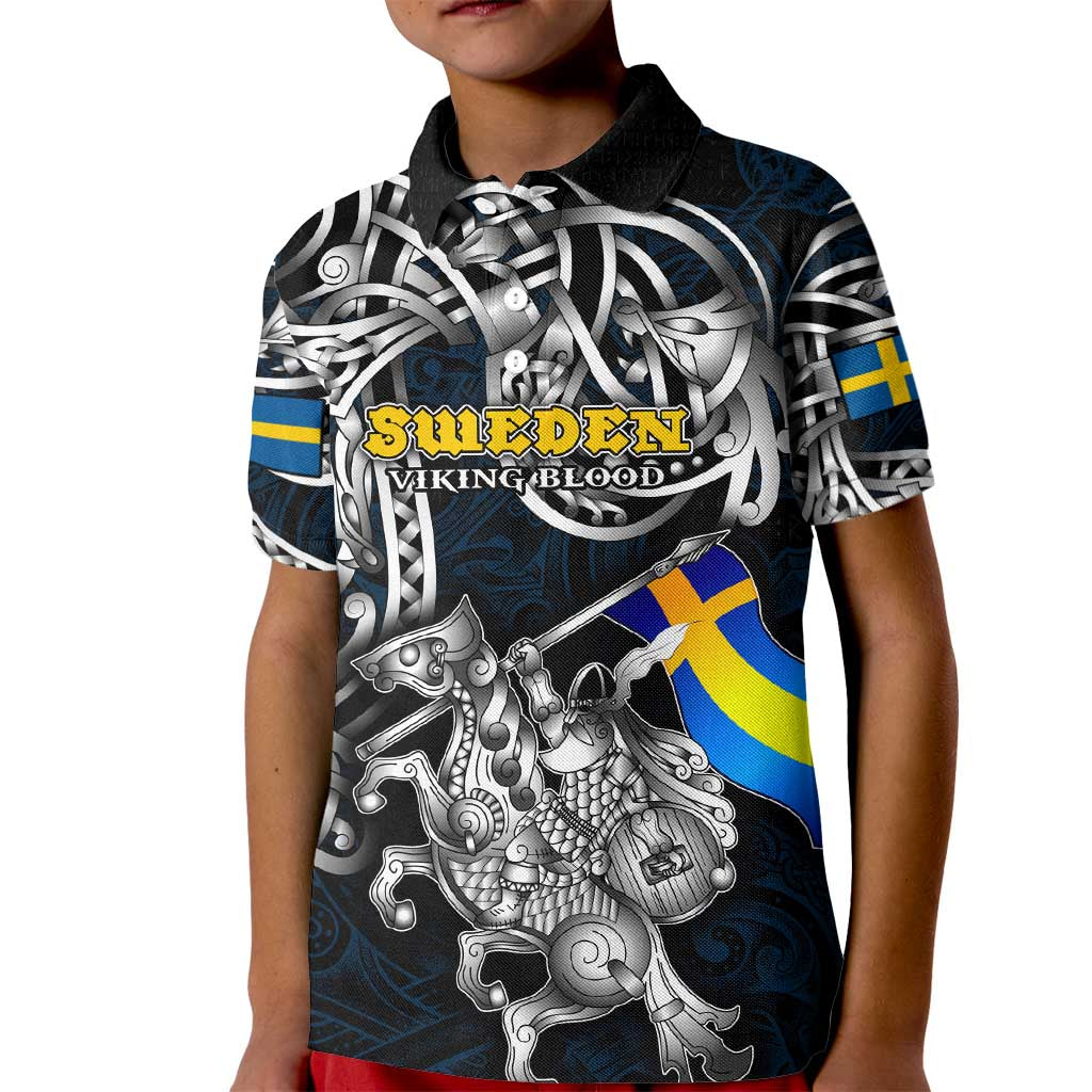 Personalized Sweden Viking Blood Kid Polo Shirt Nordic Runes and Shield of Ancestry in Tribal Knotwork