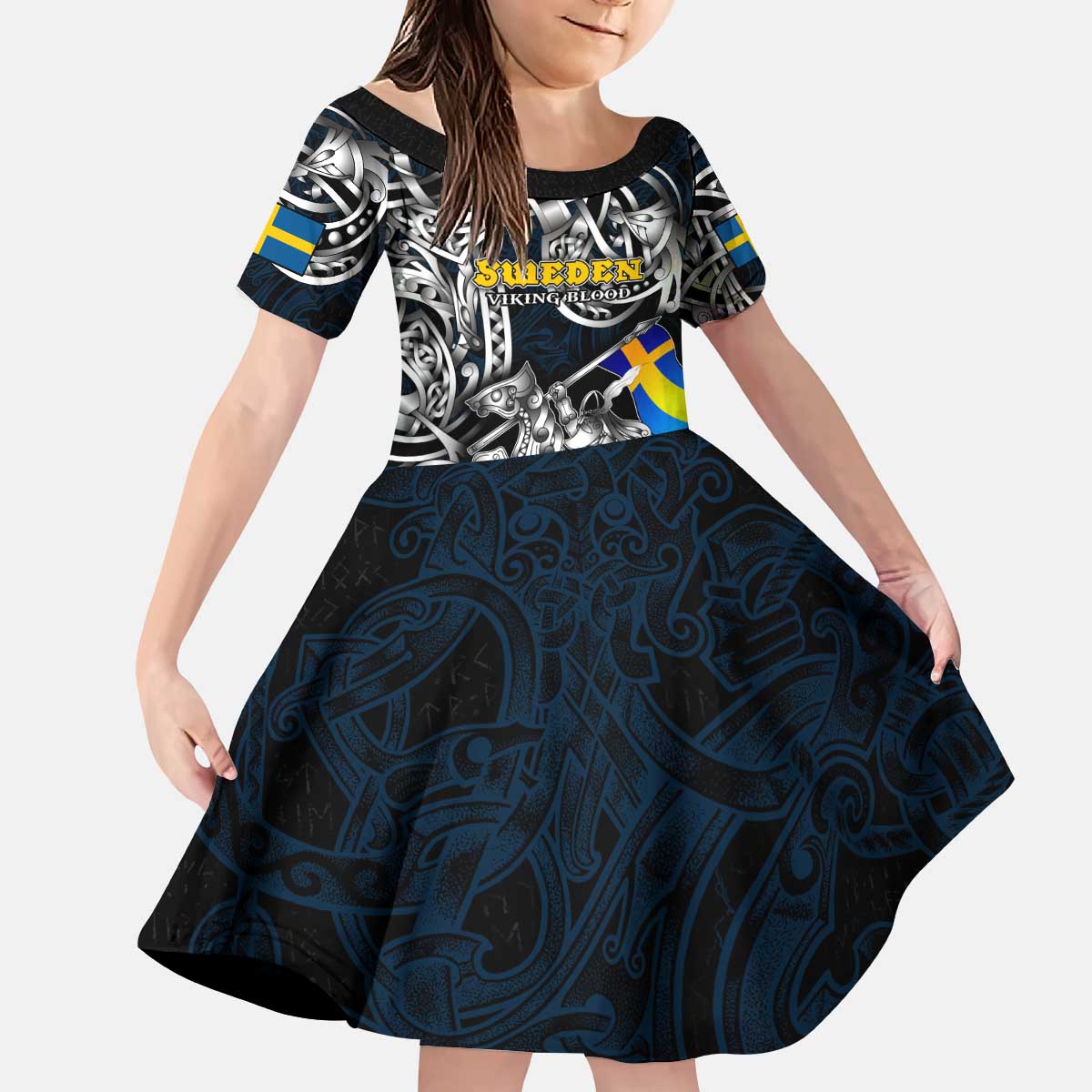 Personalized Sweden Viking Blood Kid Short Sleeve Dress Nordic Runes and Shield of Ancestry in Tribal Knotwork