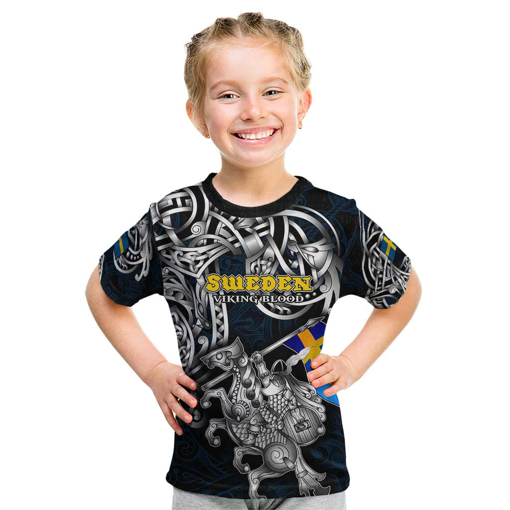 Personalized Sweden Viking Blood Kid T Shirt Nordic Runes and Shield of Ancestry in Tribal Knotwork