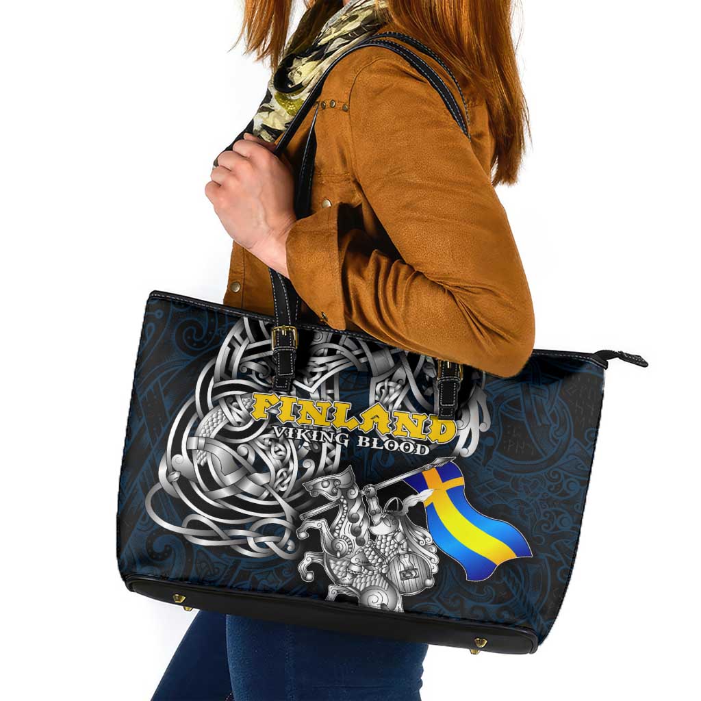 Sweden Viking Blood Leather Tote Bag Nordic Runes and Shield of Ancestry in Tribal Knotwork