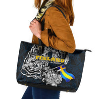 Sweden Viking Blood Leather Tote Bag Nordic Runes and Shield of Ancestry in Tribal Knotwork