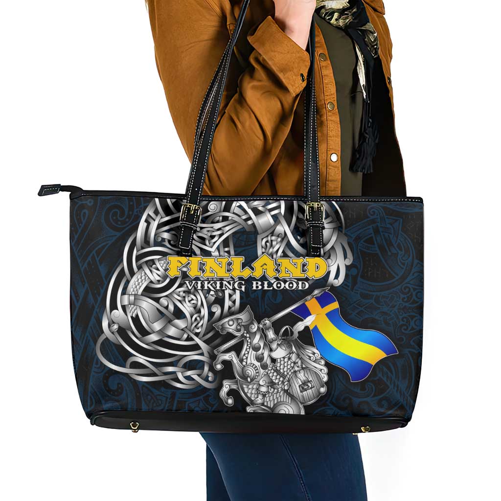 Sweden Viking Blood Leather Tote Bag Nordic Runes and Shield of Ancestry in Tribal Knotwork