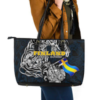 Sweden Viking Blood Leather Tote Bag Nordic Runes and Shield of Ancestry in Tribal Knotwork