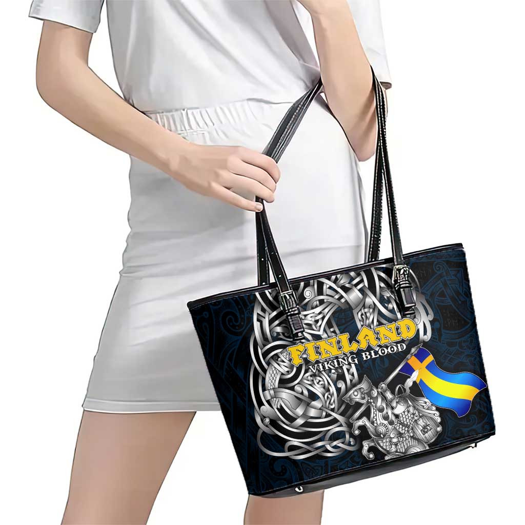 Sweden Viking Blood Leather Tote Bag Nordic Runes and Shield of Ancestry in Tribal Knotwork