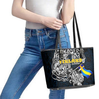 Sweden Viking Blood Leather Tote Bag Nordic Runes and Shield of Ancestry in Tribal Knotwork