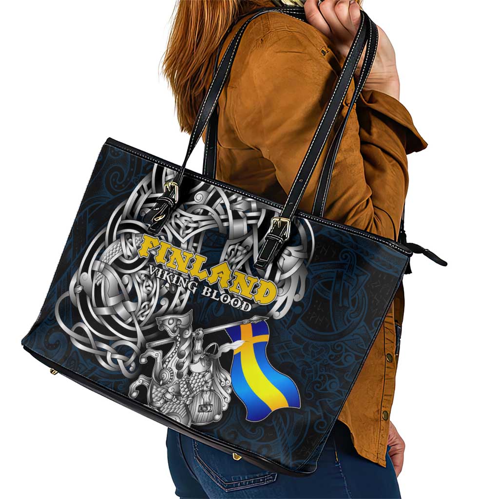 Sweden Viking Blood Leather Tote Bag Nordic Runes and Shield of Ancestry in Tribal Knotwork