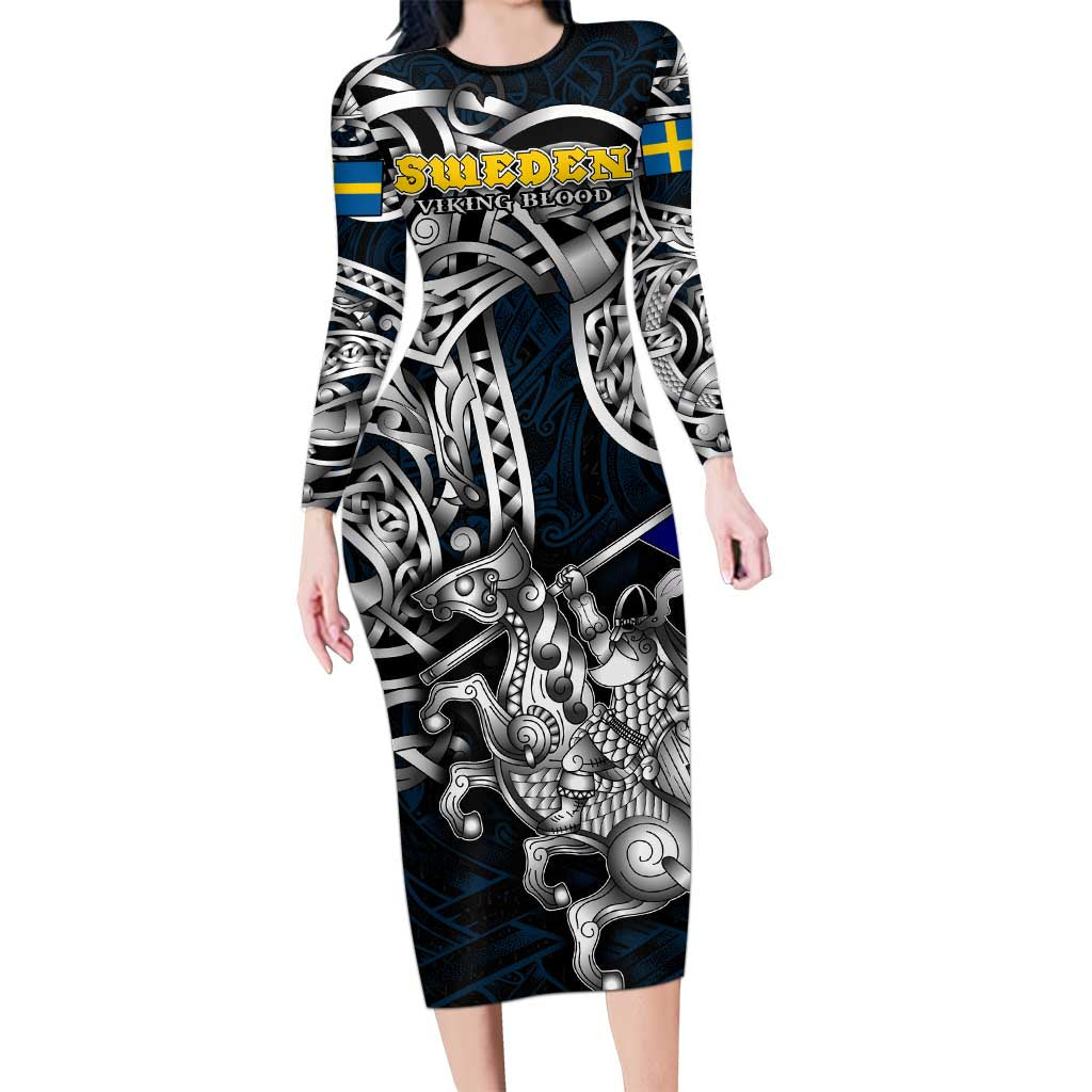 Personalized Sweden Viking Blood Long Sleeve Bodycon Dress Nordic Runes and Shield of Ancestry in Tribal Knotwork