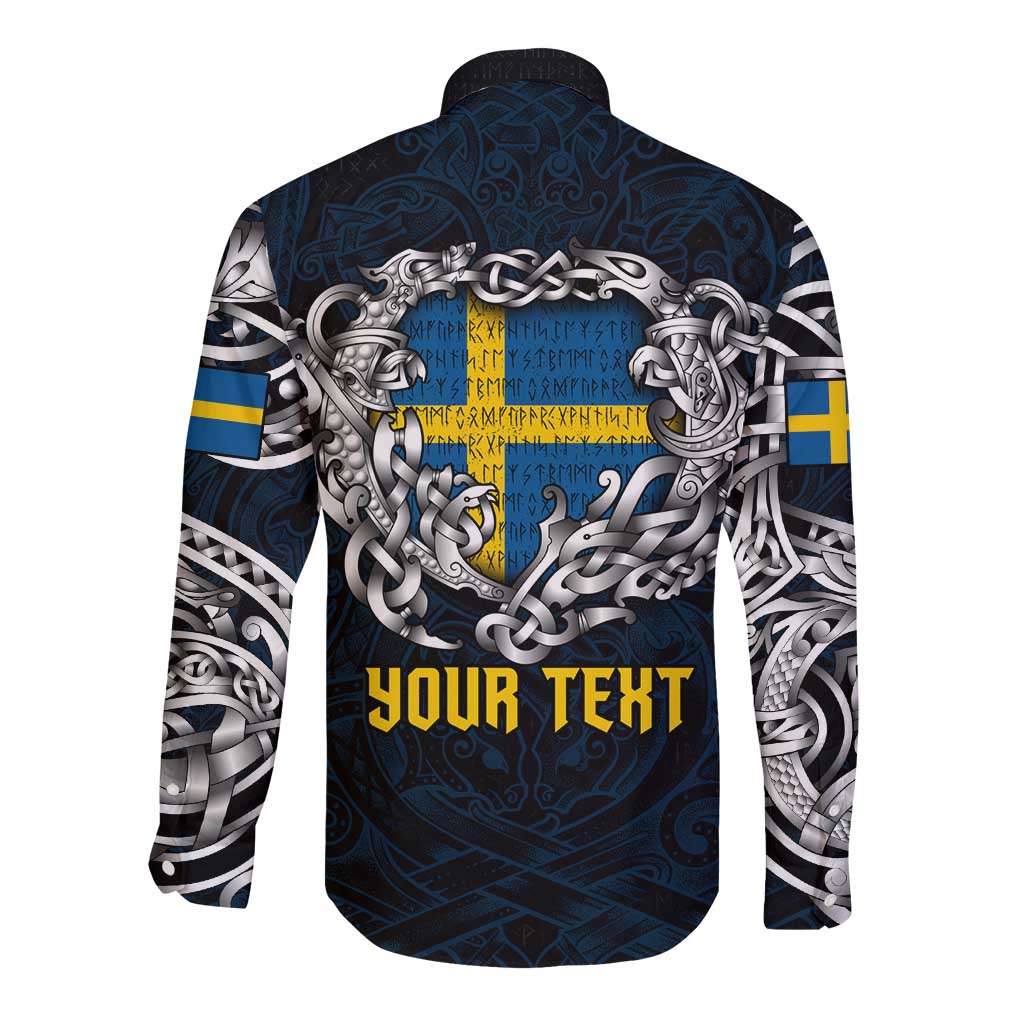 Personalized Sweden Viking Blood Long Sleeve Button Shirt Nordic Runes and Shield of Ancestry in Tribal Knotwork