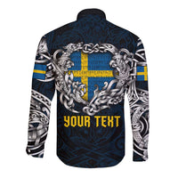 Personalized Sweden Viking Blood Long Sleeve Button Shirt Nordic Runes and Shield of Ancestry in Tribal Knotwork