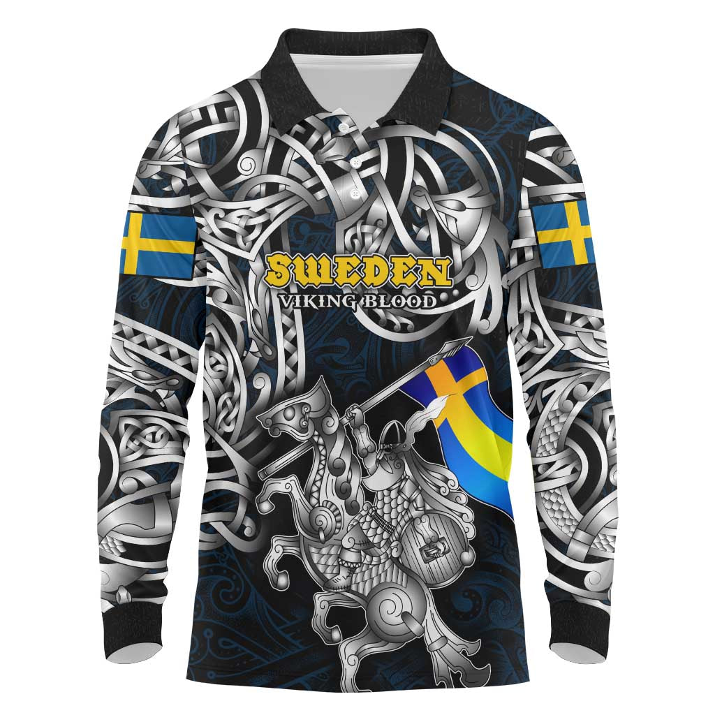 Personalized Sweden Viking Blood Long Sleeve Polo Shirt Nordic Runes and Shield of Ancestry in Tribal Knotwork
