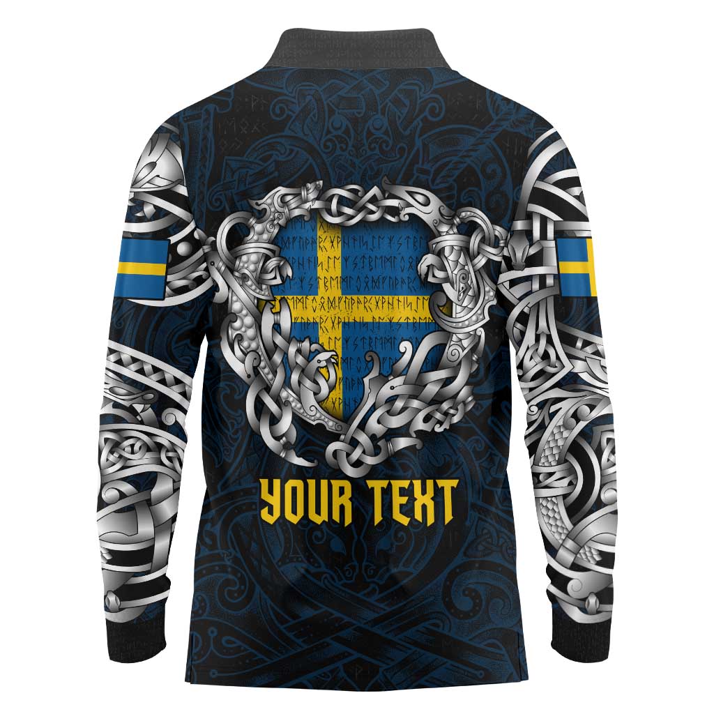 Personalized Sweden Viking Blood Long Sleeve Polo Shirt Nordic Runes and Shield of Ancestry in Tribal Knotwork
