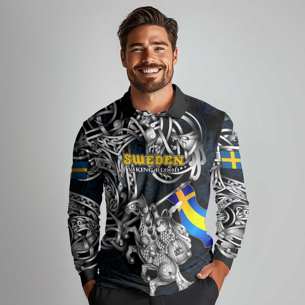 Personalized Sweden Viking Blood Long Sleeve Polo Shirt Nordic Runes and Shield of Ancestry in Tribal Knotwork