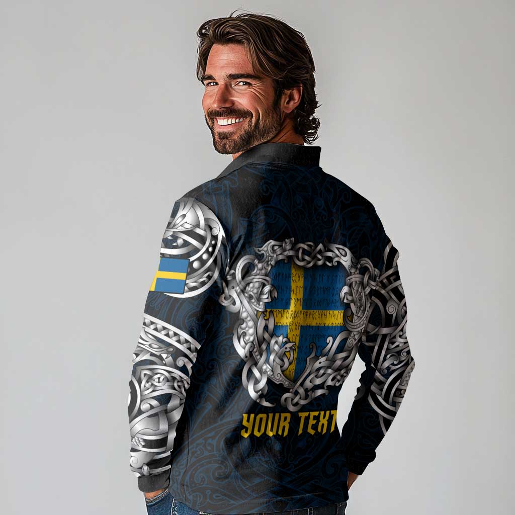 Personalized Sweden Viking Blood Long Sleeve Polo Shirt Nordic Runes and Shield of Ancestry in Tribal Knotwork