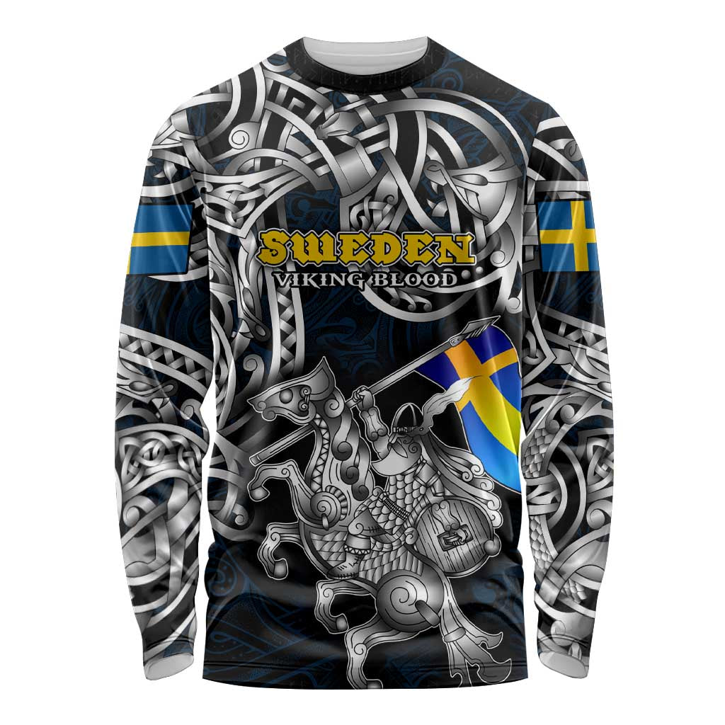 Personalized Sweden Viking Blood Long Sleeve Shirt Nordic Runes and Shield of Ancestry in Tribal Knotwork