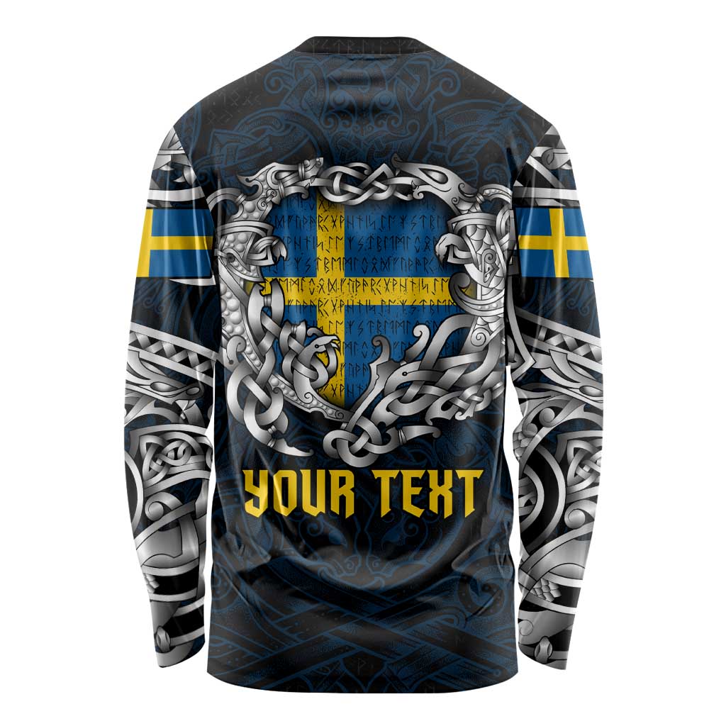 Personalized Sweden Viking Blood Long Sleeve Shirt Nordic Runes and Shield of Ancestry in Tribal Knotwork