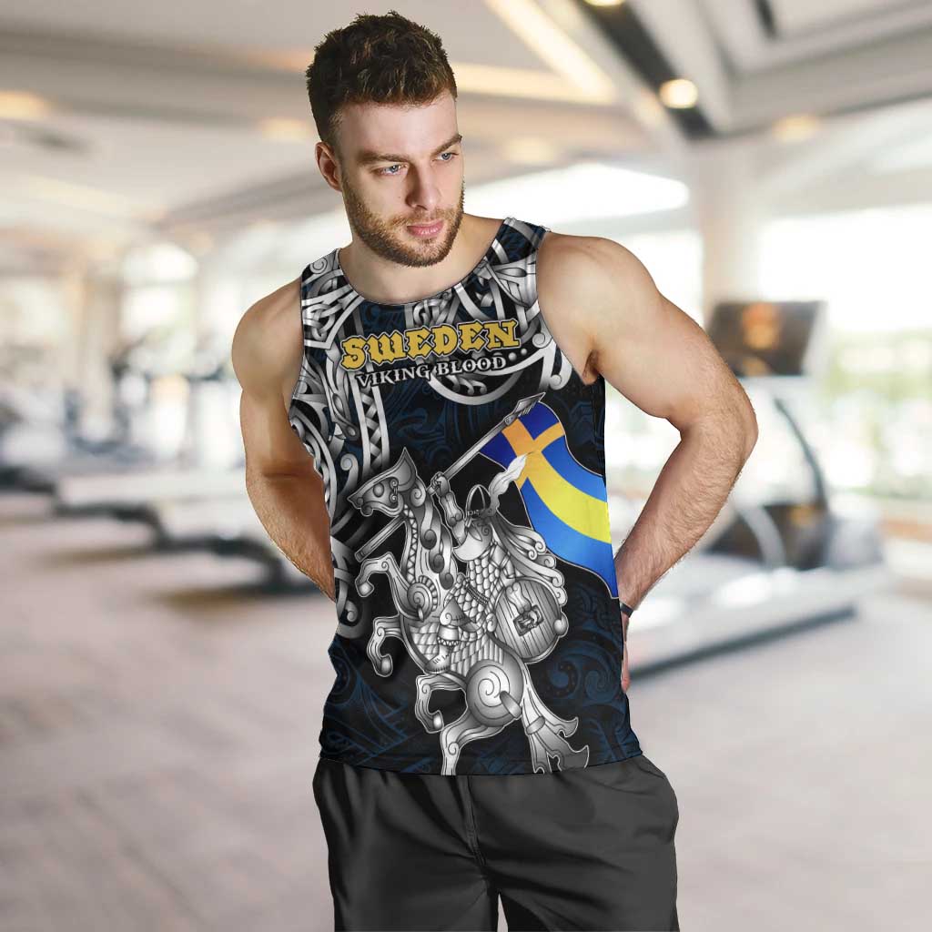 Personalized Sweden Viking Blood Men Tank Top Nordic Runes and Shield of Ancestry in Tribal Knotwork