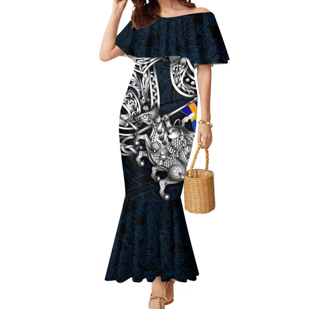 Personalized Sweden Viking Blood Mermaid Dress Nordic Runes and Shield of Ancestry in Tribal Knotwork