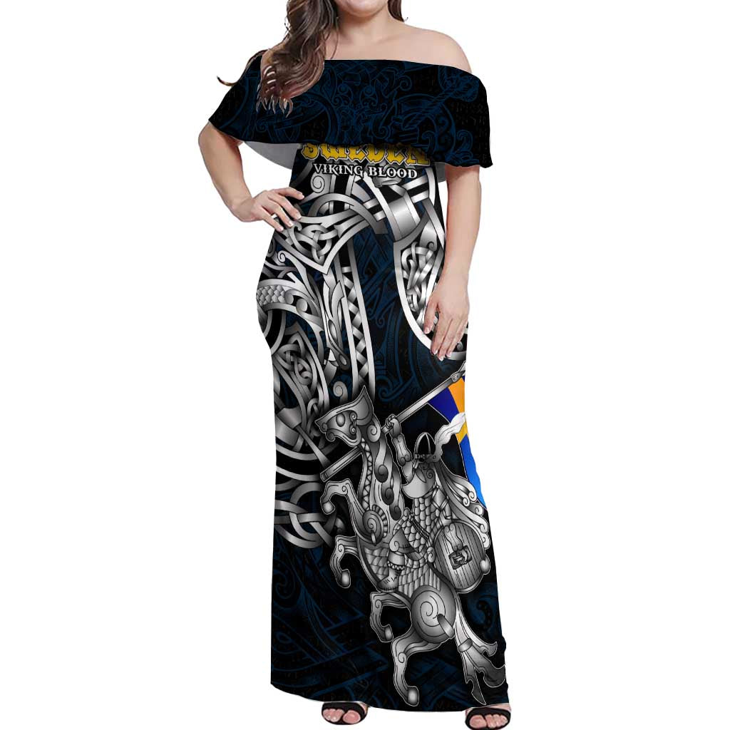 Personalized Sweden Viking Blood Off Shoulder Maxi Dress Nordic Runes and Shield of Ancestry in Tribal Knotwork