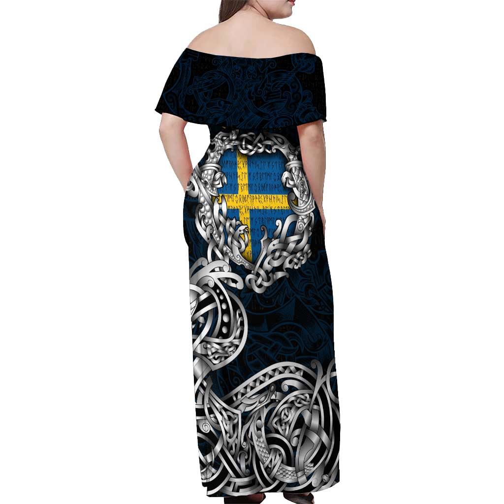Personalized Sweden Viking Blood Off Shoulder Maxi Dress Nordic Runes and Shield of Ancestry in Tribal Knotwork