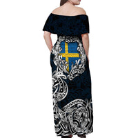 Personalized Sweden Viking Blood Off Shoulder Maxi Dress Nordic Runes and Shield of Ancestry in Tribal Knotwork