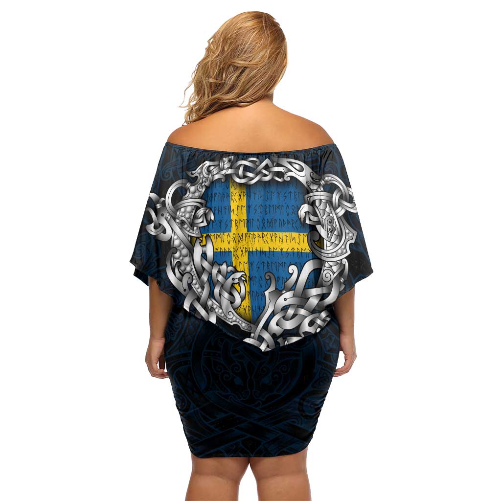 Personalized Sweden Viking Blood Off Shoulder Short Dress Nordic Runes and Shield of Ancestry in Tribal Knotwork