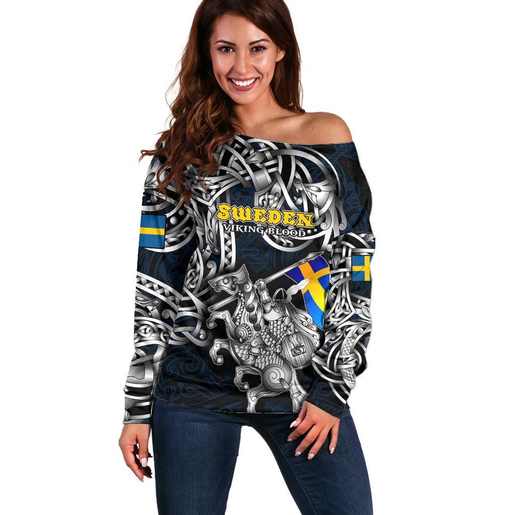 Personalized Sweden Viking Blood Off Shoulder Sweater Nordic Runes and Shield of Ancestry in Tribal Knotwork