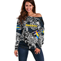 Personalized Sweden Viking Blood Off Shoulder Sweater Nordic Runes and Shield of Ancestry in Tribal Knotwork