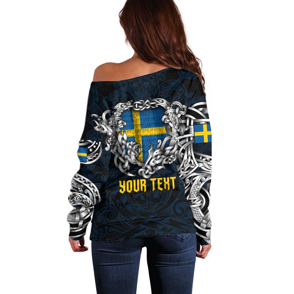 Personalized Sweden Viking Blood Off Shoulder Sweater Nordic Runes and Shield of Ancestry in Tribal Knotwork