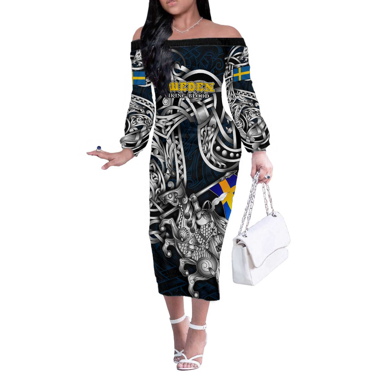 Personalized Sweden Viking Blood Off The Shoulder Long Sleeve Dress Nordic Runes and Shield of Ancestry in Tribal Knotwork