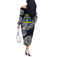Personalized Sweden Viking Blood Off The Shoulder Long Sleeve Dress Nordic Runes and Shield of Ancestry in Tribal Knotwork