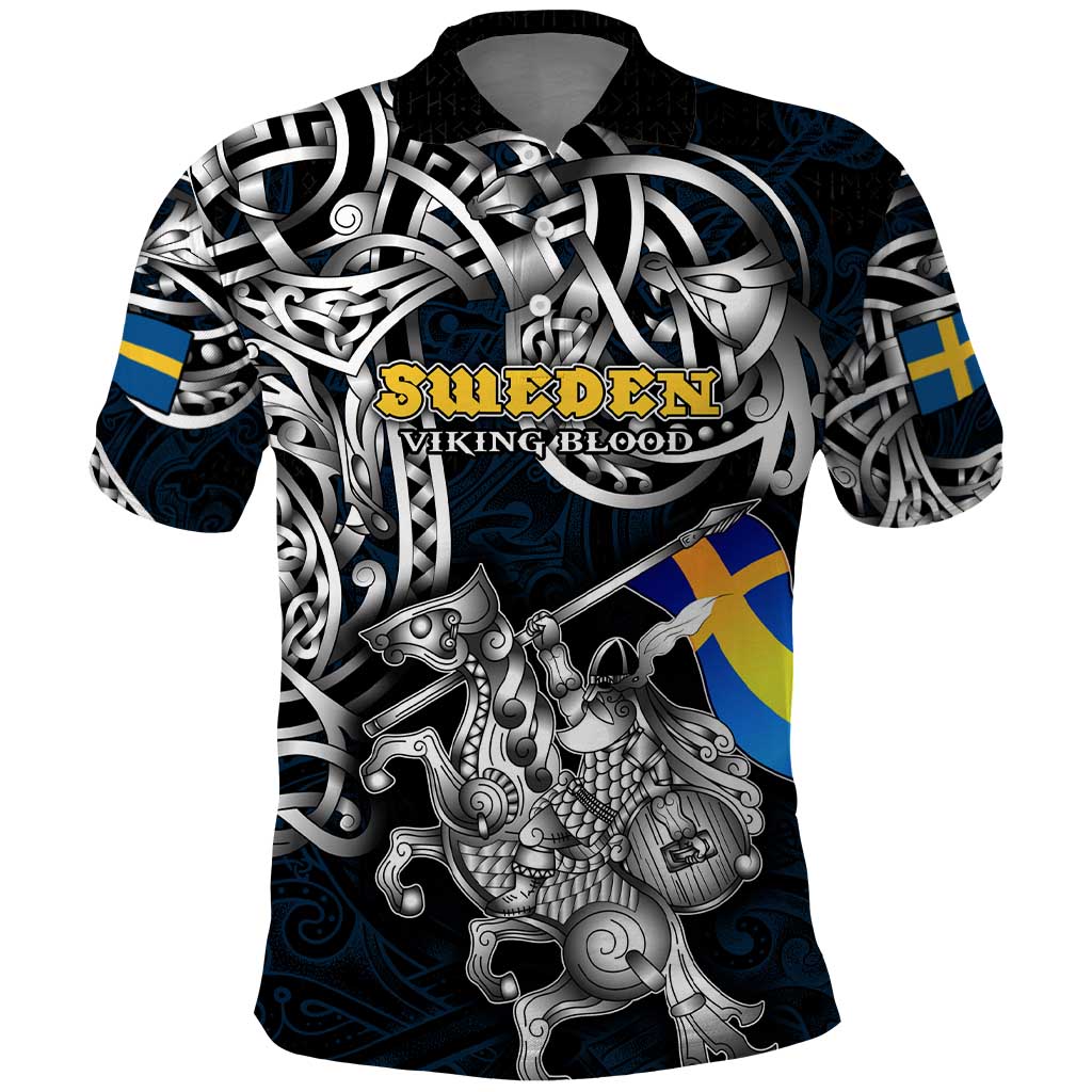 Personalized Sweden Viking Blood Polo Shirt Nordic Runes and Shield of Ancestry in Tribal Knotwork