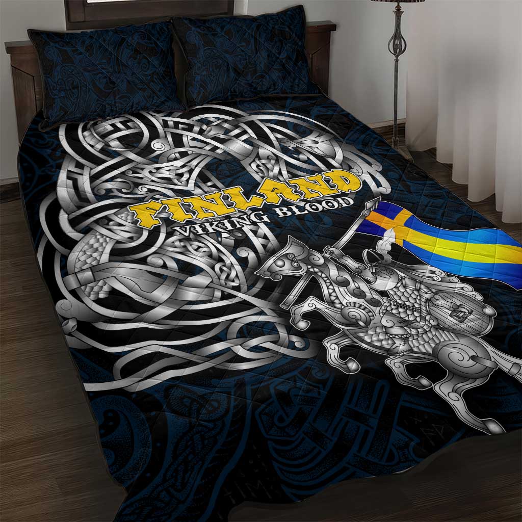 Sweden Viking Blood Quilt Bed Set Nordic Runes and Shield of Ancestry in Tribal Knotwork