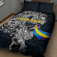 Sweden Viking Blood Quilt Bed Set Nordic Runes and Shield of Ancestry in Tribal Knotwork