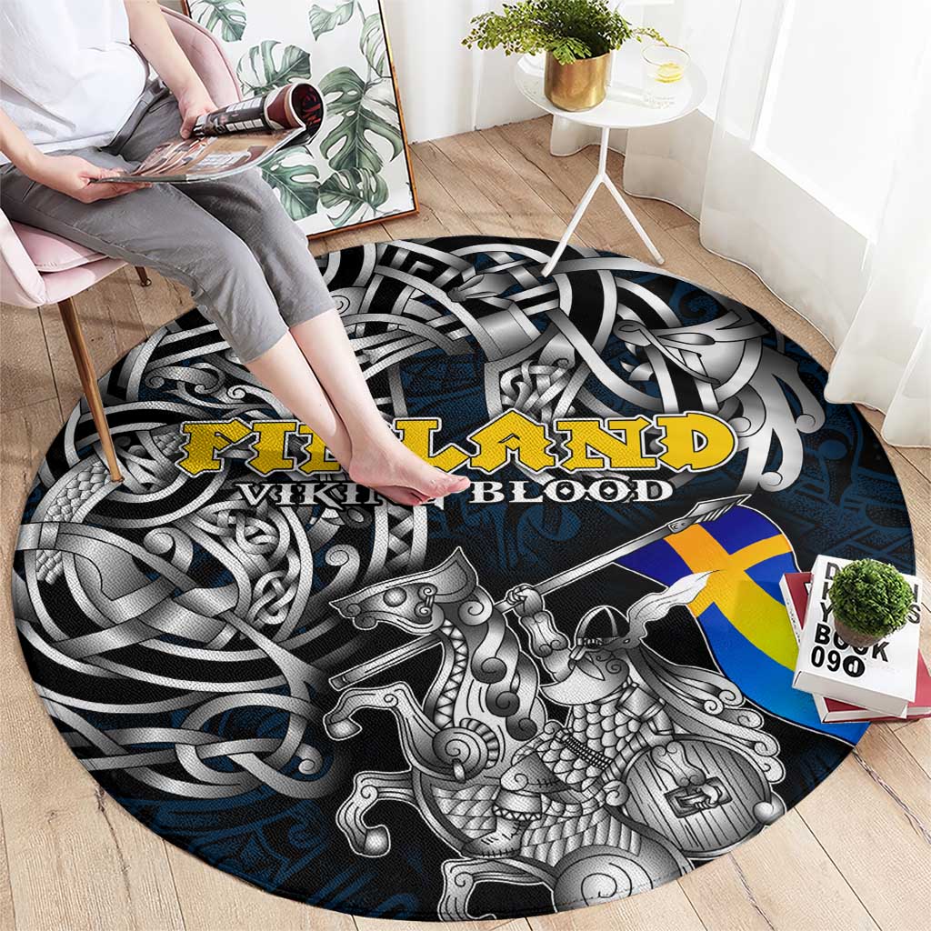 Sweden Viking Blood Round Carpet Nordic Runes and Shield of Ancestry in Tribal Knotwork