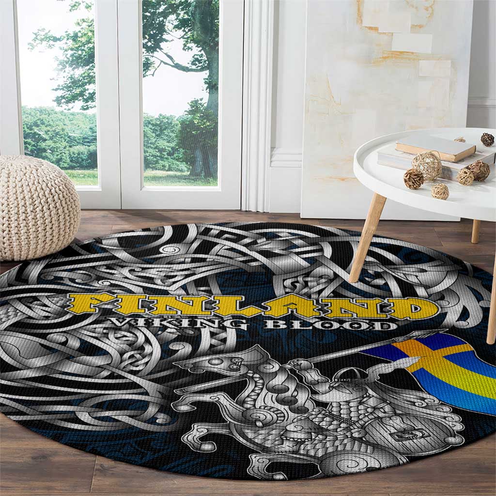 Sweden Viking Blood Round Carpet Nordic Runes and Shield of Ancestry in Tribal Knotwork