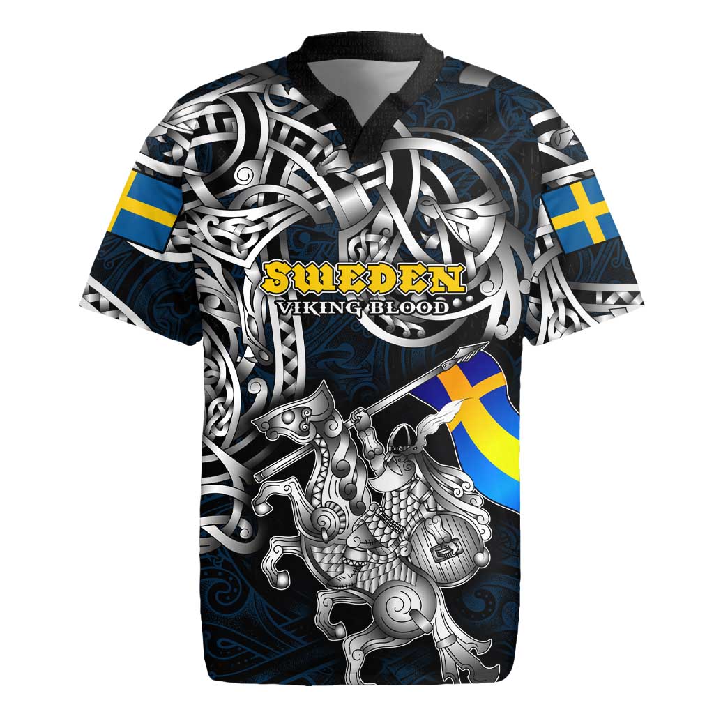 Personalized Sweden Viking Blood Rugby Jersey Nordic Runes and Shield of Ancestry in Tribal Knotwork