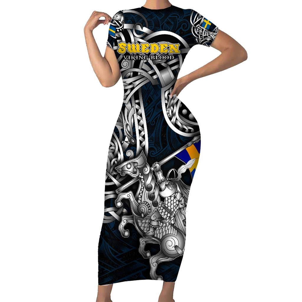 Personalized Sweden Viking Blood Short Sleeve Bodycon Dress Nordic Runes and Shield of Ancestry in Tribal Knotwork