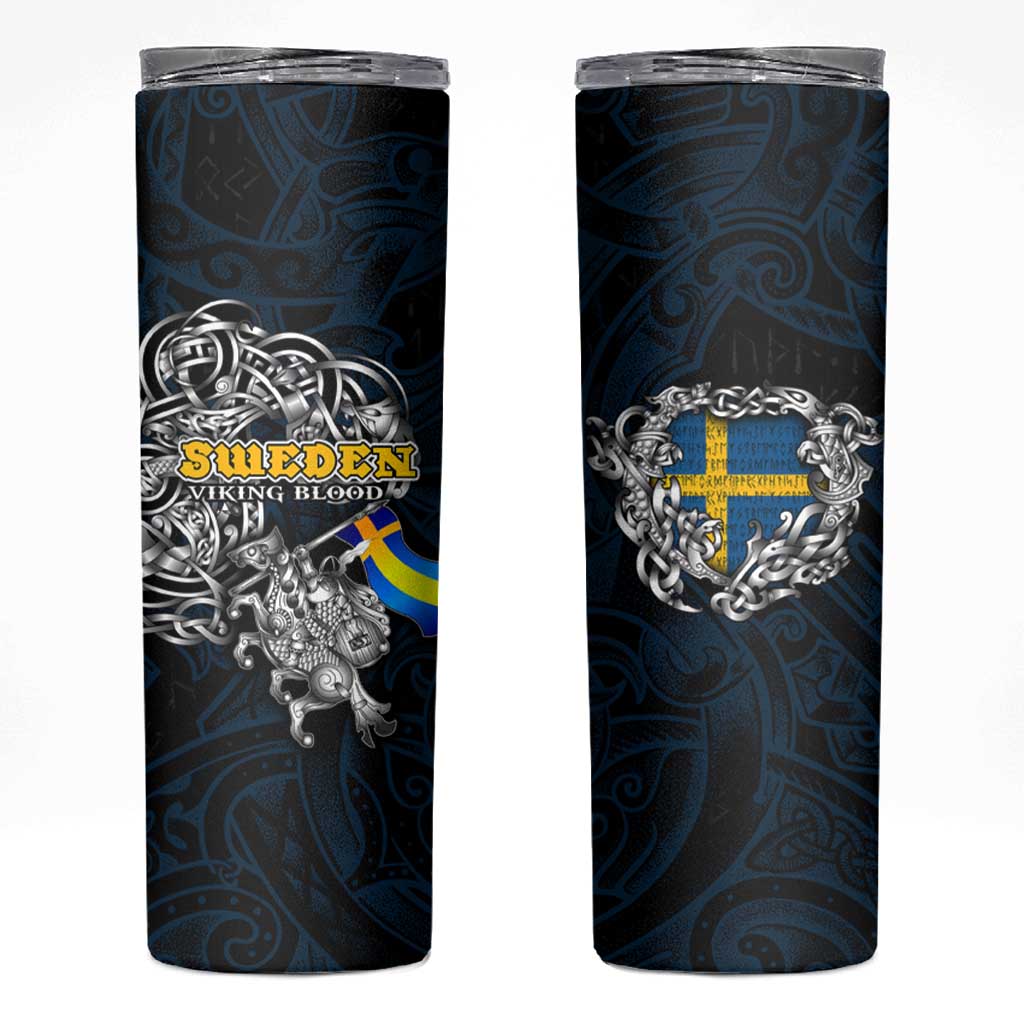 Sweden Viking Blood Skinny Tumbler Nordic Runes and Shield of Ancestry in Tribal Knotwork