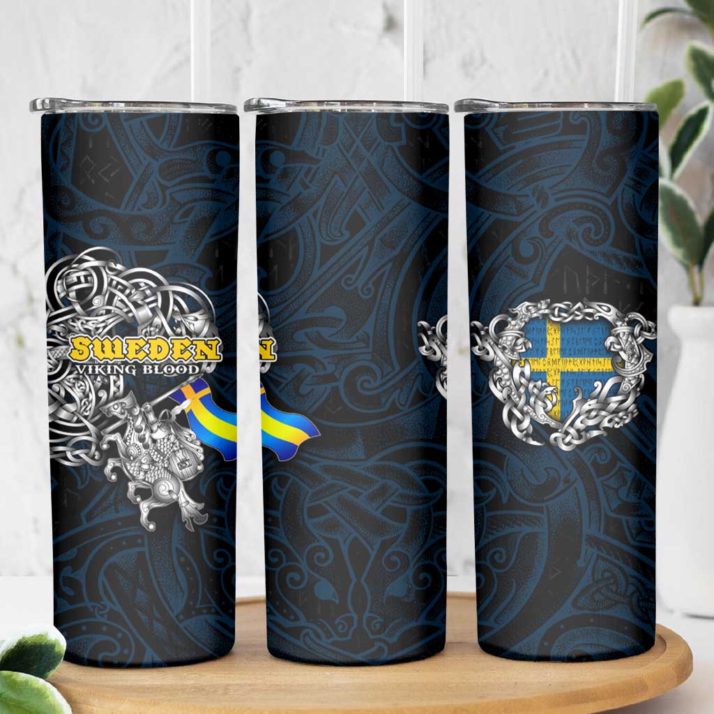 Sweden Viking Blood Skinny Tumbler Nordic Runes and Shield of Ancestry in Tribal Knotwork